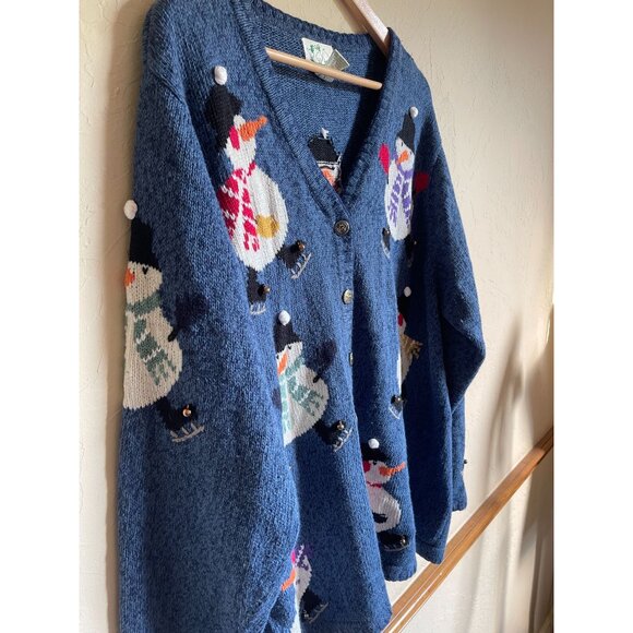 The Quacker Factory Snowman Jingle Bell Cardigan Sweater Blue Size 1X Ramie Cott - Picture 6 of 12